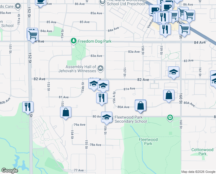 map of restaurants, bars, coffee shops, grocery stores, and more near 8162 156 Street in Surrey