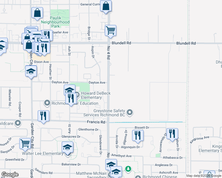 map of restaurants, bars, coffee shops, grocery stores, and more near 8440 Number 4 Road in Richmond