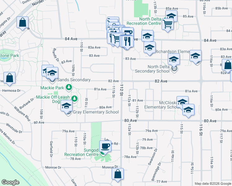 map of restaurants, bars, coffee shops, grocery stores, and more near 8144 111B Street in Delta