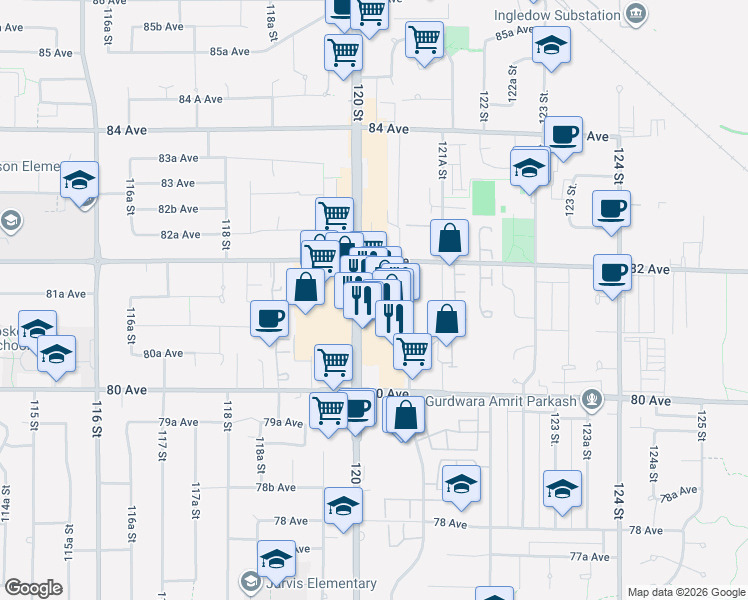 map of restaurants, bars, coffee shops, grocery stores, and more near 8140 120 Street in Surrey