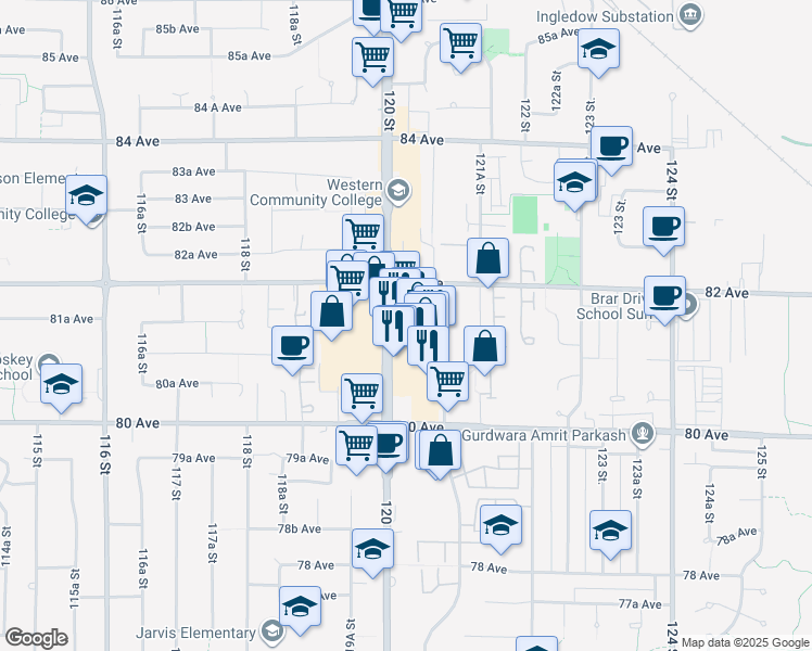 map of restaurants, bars, coffee shops, grocery stores, and more near 8140 120 Street in Surrey
