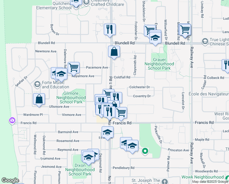 map of restaurants, bars, coffee shops, grocery stores, and more near 8740 Number 1 Road in Richmond