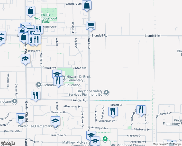 map of restaurants, bars, coffee shops, grocery stores, and more near 8540 Number 4 Road in Richmond