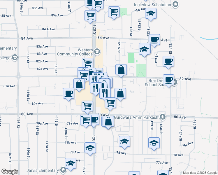map of restaurants, bars, coffee shops, grocery stores, and more near 8110 120A Street in Surrey