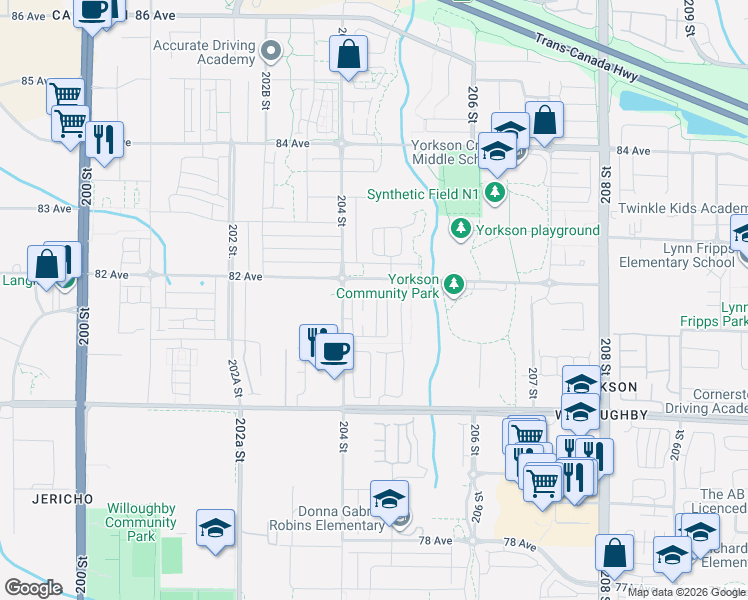 map of restaurants, bars, coffee shops, grocery stores, and more near 8138 204 Street in Langley Township