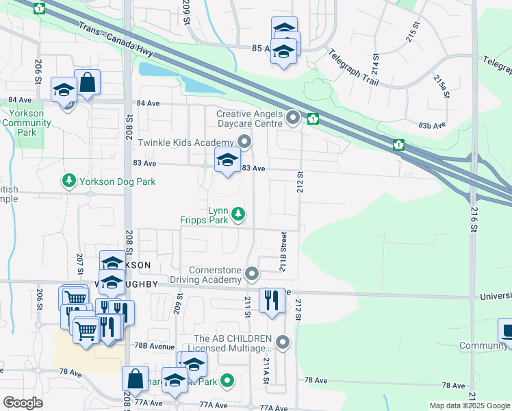 map of restaurants, bars, coffee shops, grocery stores, and more near 8188 211 Street in Langley
