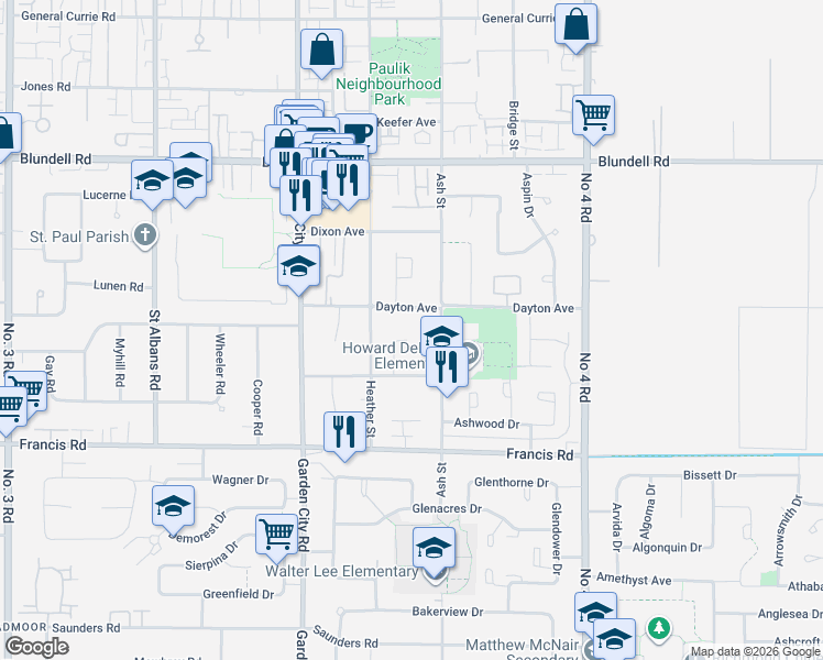 map of restaurants, bars, coffee shops, grocery stores, and more near 9291 Boyd Court in Richmond