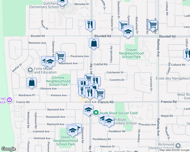 map of restaurants, bars, coffee shops, grocery stores, and more near 8720 Number 1 Road in Richmond