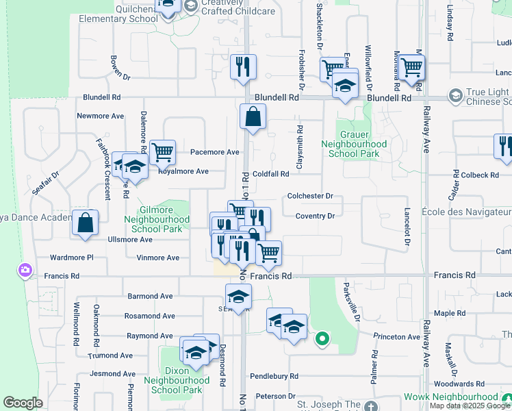 map of restaurants, bars, coffee shops, grocery stores, and more near 8720 Number 1 Road in Richmond