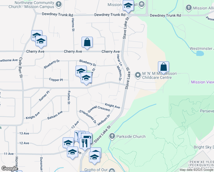 map of restaurants, bars, coffee shops, grocery stores, and more near 8181 Kunimoto Court in Mission