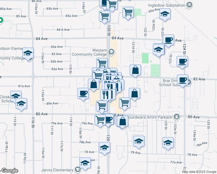map of restaurants, bars, coffee shops, grocery stores, and more near 8142 120 Street in Surrey