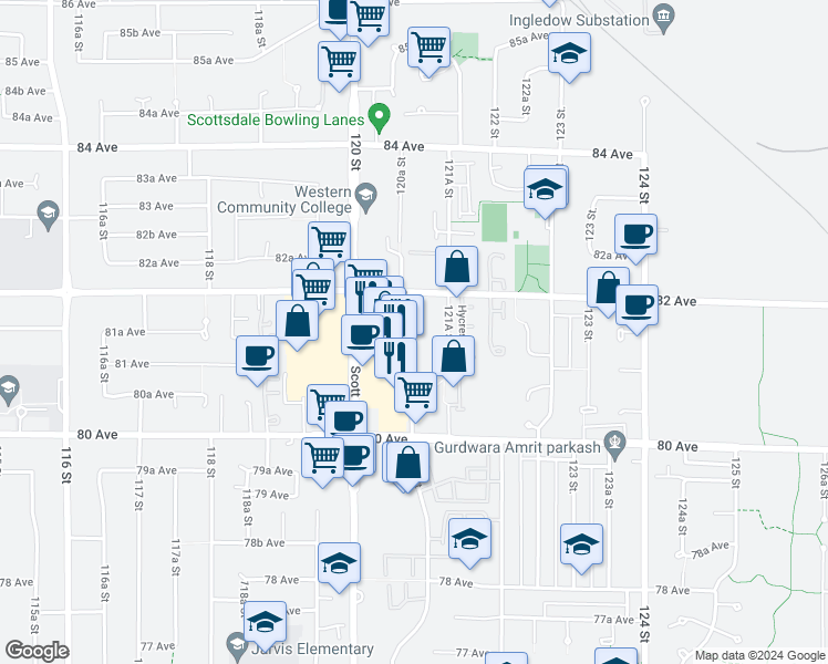 map of restaurants, bars, coffee shops, grocery stores, and more near 8142 120A Street in Surrey
