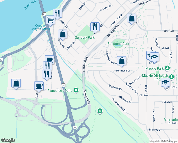 map of restaurants, bars, coffee shops, grocery stores, and more near 10419 Wiltshire Boulevard in Delta