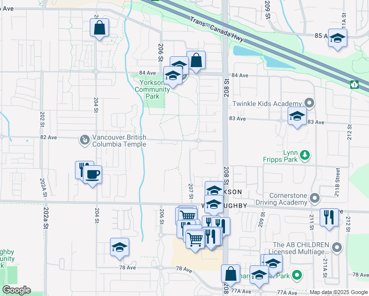 map of restaurants, bars, coffee shops, grocery stores, and more near 8157 207 Street in Langley Township