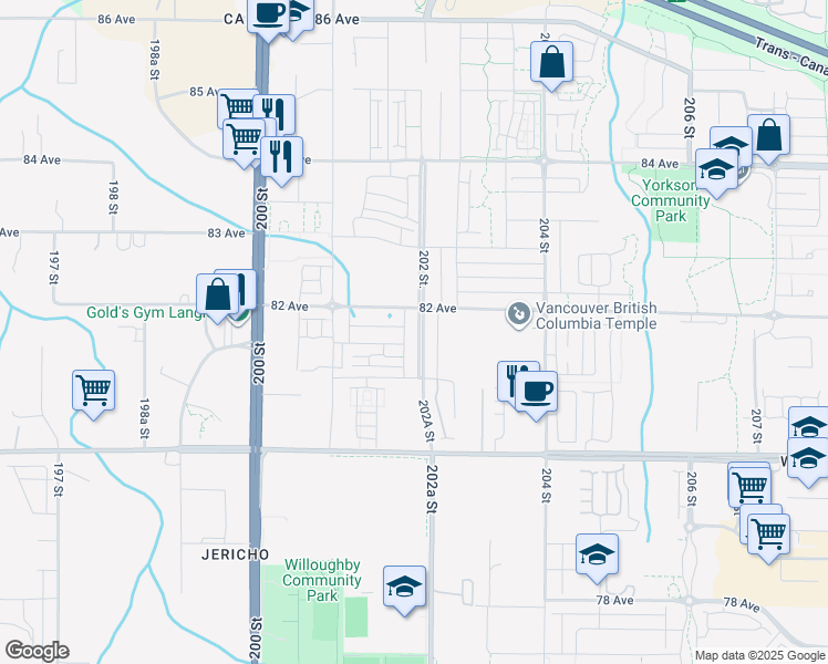 map of restaurants, bars, coffee shops, grocery stores, and more near 8163 202 Street in Langley Township