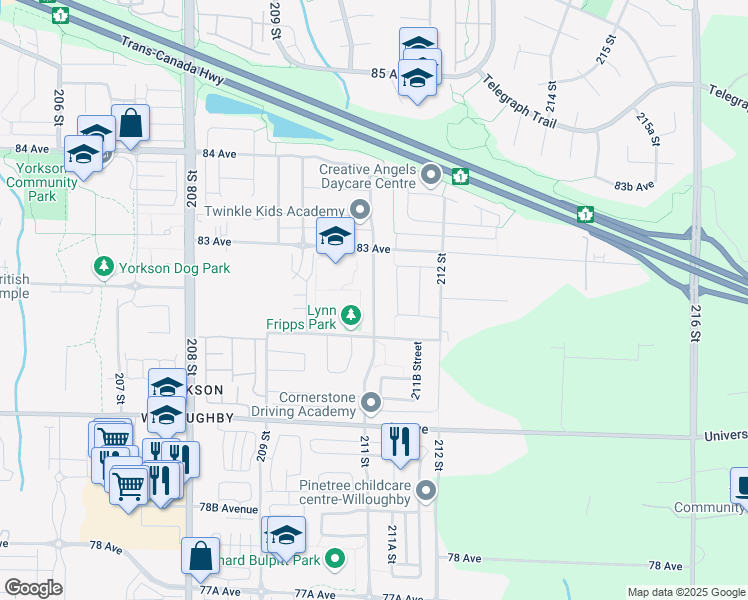map of restaurants, bars, coffee shops, grocery stores, and more near 8197 211 Street in Langley