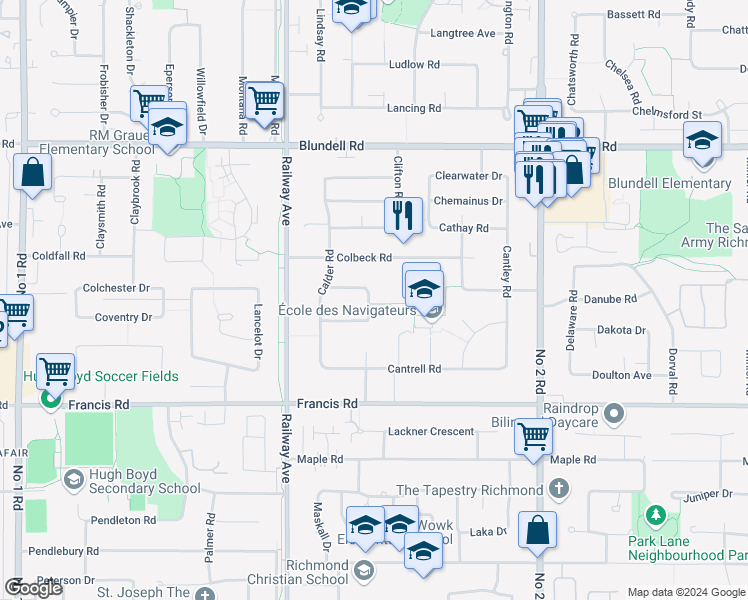 map of restaurants, bars, coffee shops, grocery stores, and more near 5331 Calderwood Crescent in Richmond