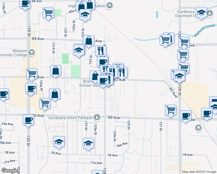map of restaurants, bars, coffee shops, grocery stores, and more near 12414 82 Avenue in Surrey