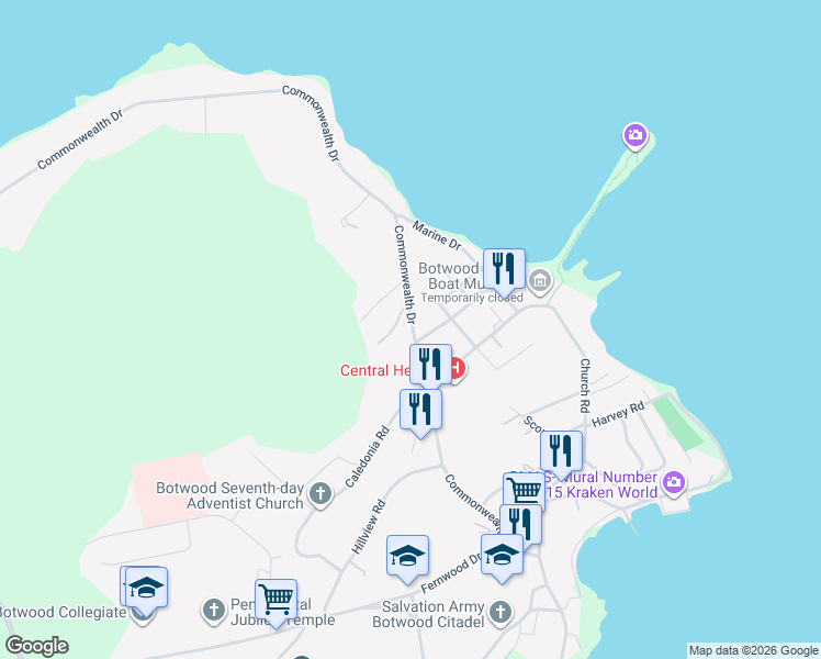 map of restaurants, bars, coffee shops, grocery stores, and more near 56 Commonwealth Drive in Botwood