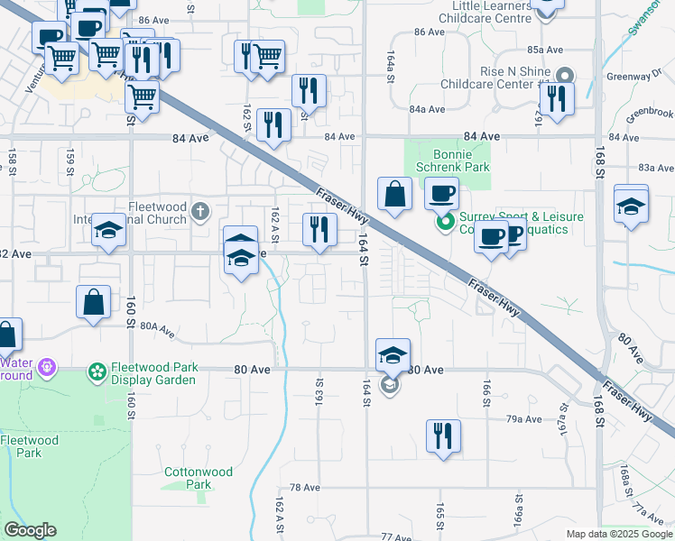 map of restaurants, bars, coffee shops, grocery stores, and more near 8155 164 Street in Surrey