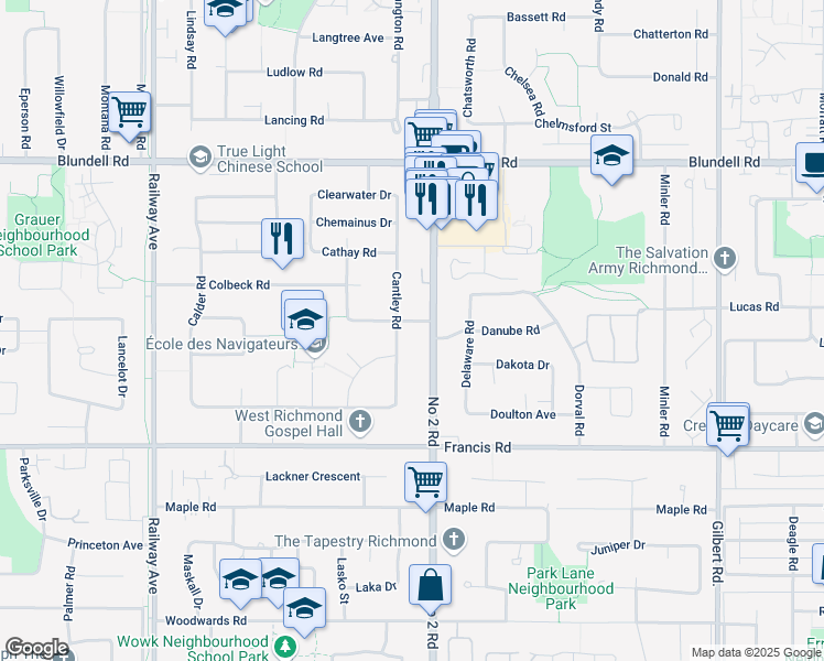 map of restaurants, bars, coffee shops, grocery stores, and more near 5940 Colville Road in Richmond