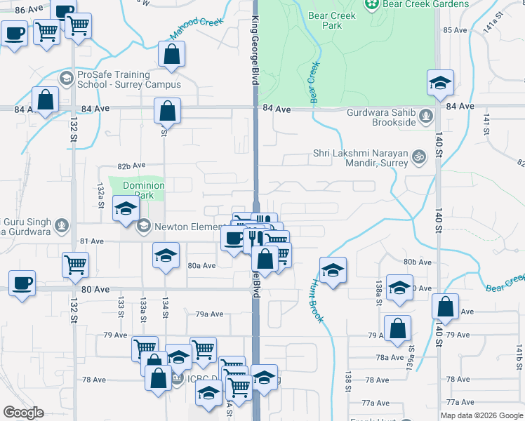 map of restaurants, bars, coffee shops, grocery stores, and more near 13623 81A Avenue in Surrey