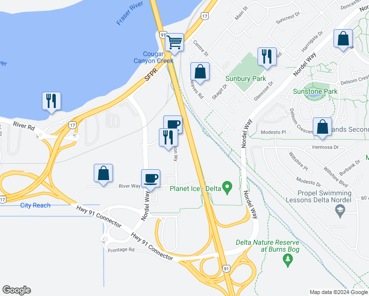 map of restaurants, bars, coffee shops, grocery stores, and more near 8208 Swenson Way in Delta