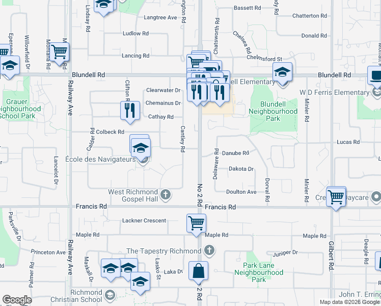map of restaurants, bars, coffee shops, grocery stores, and more near 5940 Colville Road in Richmond
