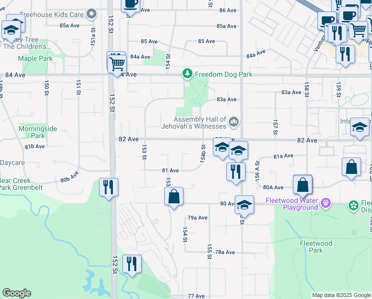 map of restaurants, bars, coffee shops, grocery stores, and more near 8165 154 Street in Surrey