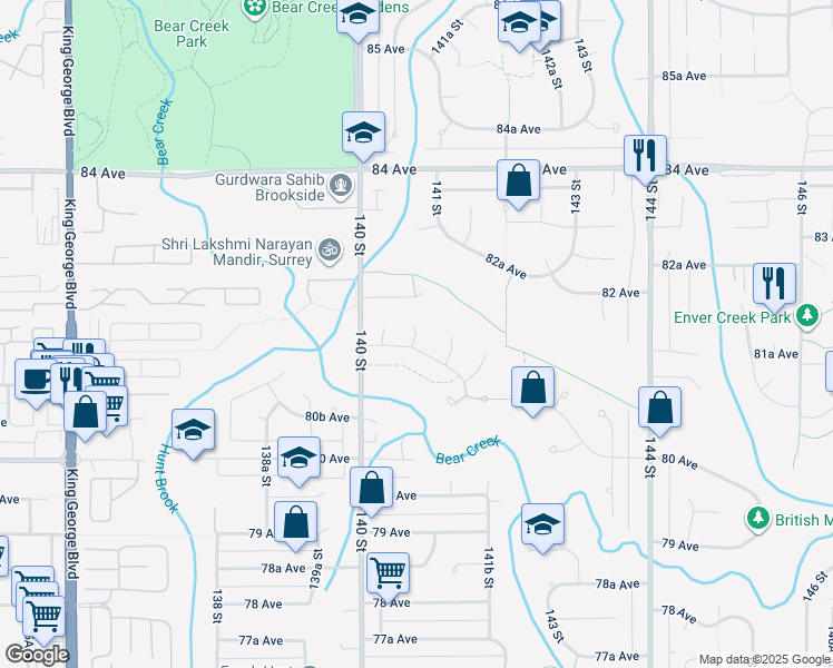 map of restaurants, bars, coffee shops, grocery stores, and more near 8182 140B Street in Surrey