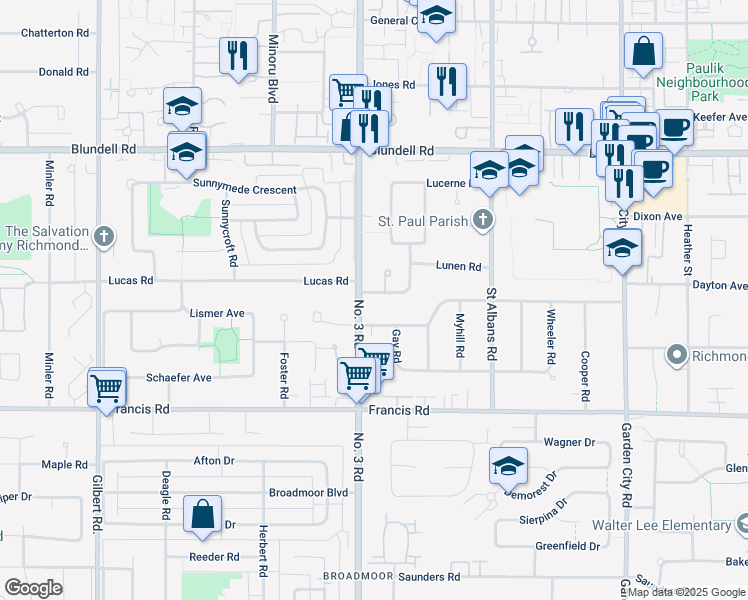 map of restaurants, bars, coffee shops, grocery stores, and more near 8020 Lucas Road in Richmond