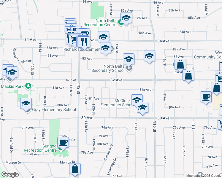 map of restaurants, bars, coffee shops, grocery stores, and more near 8150 113B Street in Delta