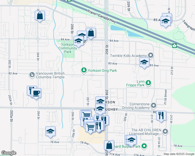 map of restaurants, bars, coffee shops, grocery stores, and more near 8150 207 Street in Langley Township