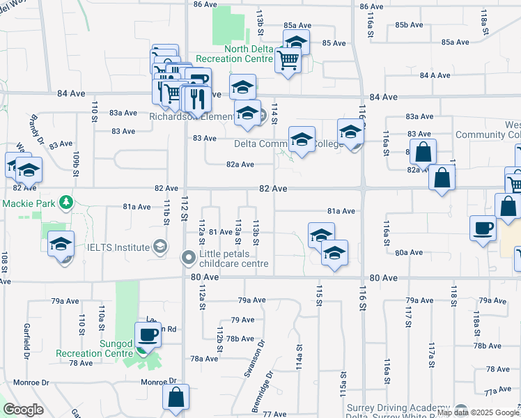map of restaurants, bars, coffee shops, grocery stores, and more near 8152 113B Street in Delta