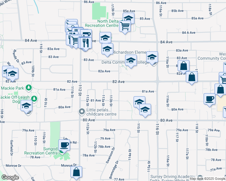 map of restaurants, bars, coffee shops, grocery stores, and more near 8150 113B Street in Delta