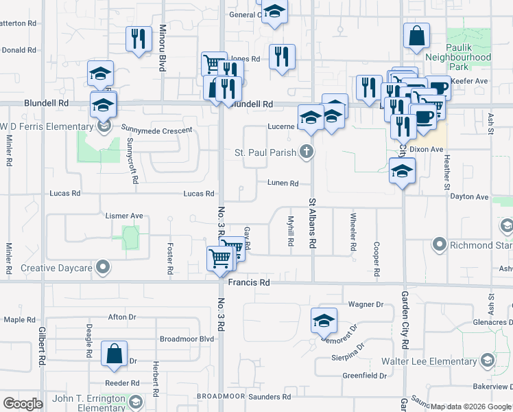 map of restaurants, bars, coffee shops, grocery stores, and more near 8140 Lucas Road in Richmond
