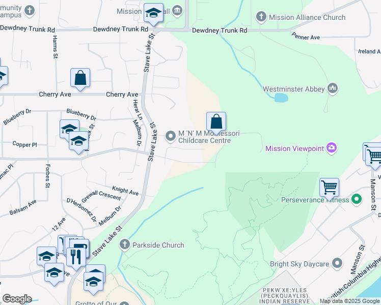map of restaurants, bars, coffee shops, grocery stores, and more near 33996 Barker Court in Mission