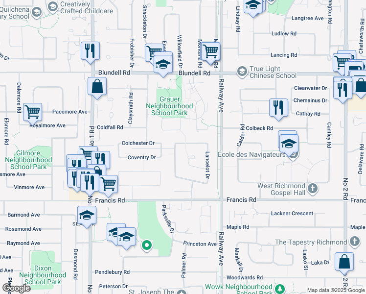 map of restaurants, bars, coffee shops, grocery stores, and more near 4380 Lancelot Drive in Richmond