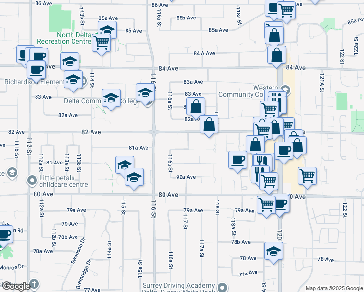 map of restaurants, bars, coffee shops, grocery stores, and more near 11677 81A Avenue in Delta