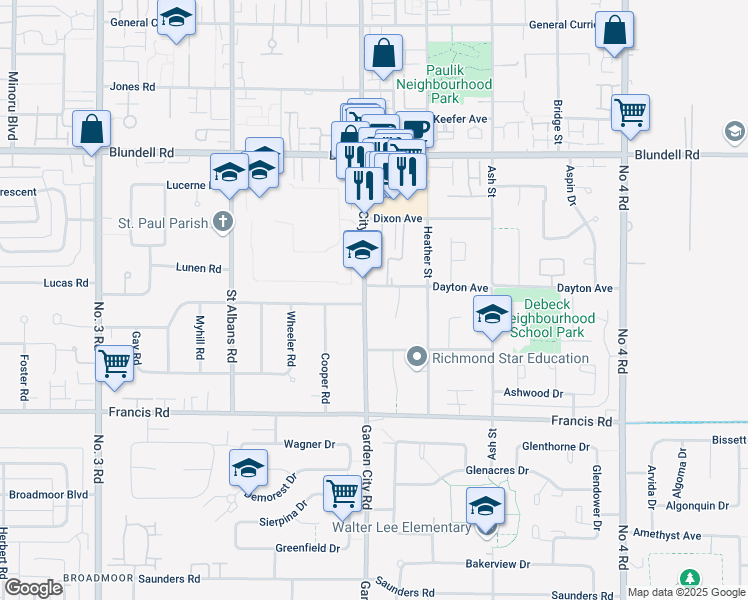 map of restaurants, bars, coffee shops, grocery stores, and more near 8440 Garden City Road in Richmond