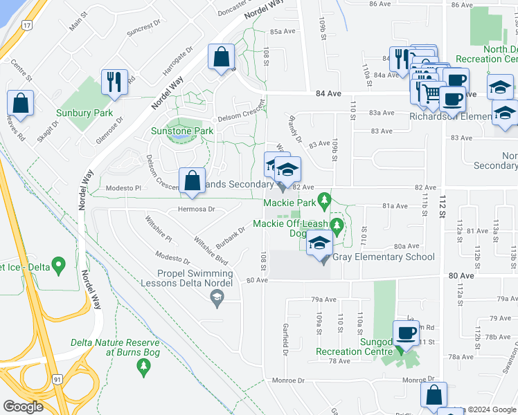 map of restaurants, bars, coffee shops, grocery stores, and more near 8155 108 Street in Delta