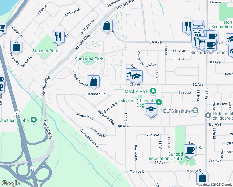 map of restaurants, bars, coffee shops, grocery stores, and more near 10754 Ramona Way in Delta