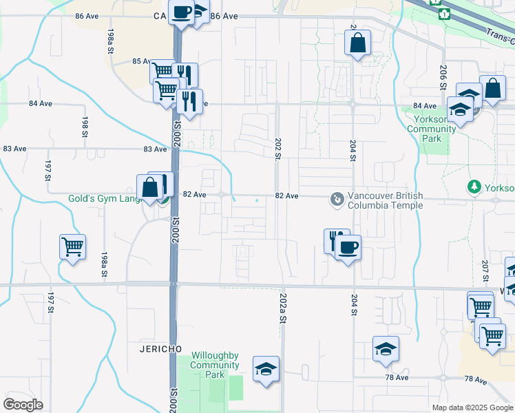 map of restaurants, bars, coffee shops, grocery stores, and more near 20162 82 Avenue in Langley Township