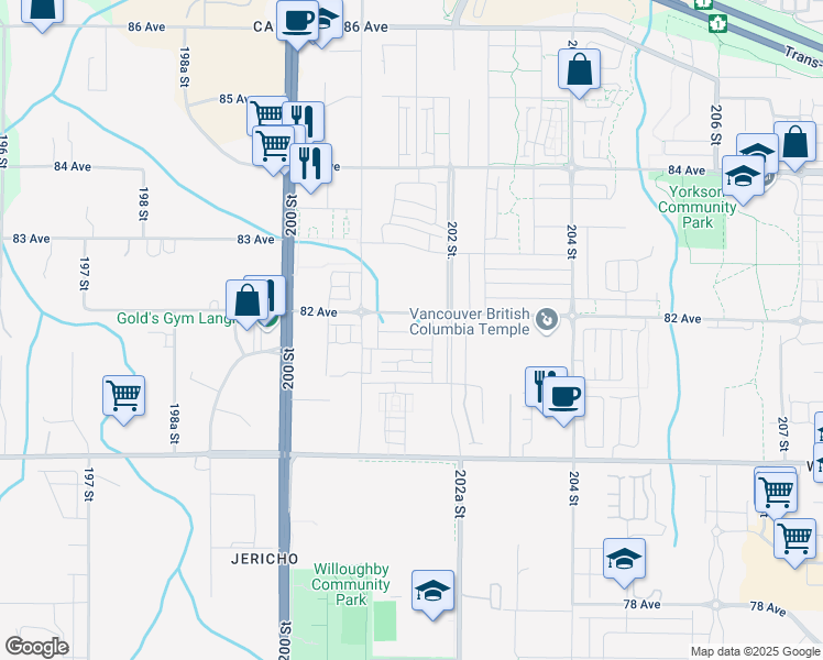 map of restaurants, bars, coffee shops, grocery stores, and more near 20154 82 Avenue in Langley Township