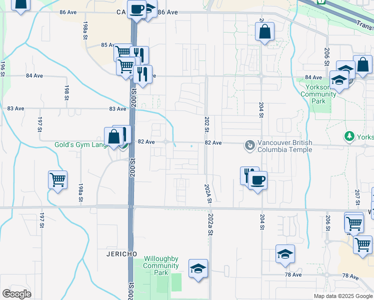 map of restaurants, bars, coffee shops, grocery stores, and more near 20150 82 Avenue in Langley Township