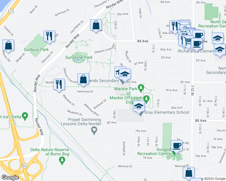 map of restaurants, bars, coffee shops, grocery stores, and more near 8155 108 Street in Delta