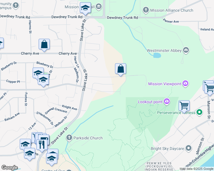 map of restaurants, bars, coffee shops, grocery stores, and more near 34008 Barker Court in Mission
