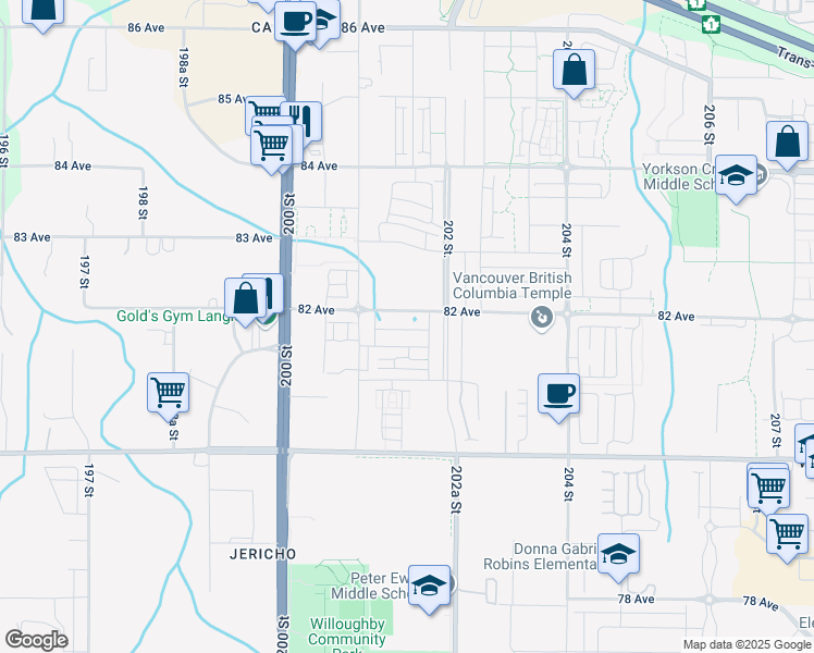 map of restaurants, bars, coffee shops, grocery stores, and more near 20158 82 Avenue in Langley Township