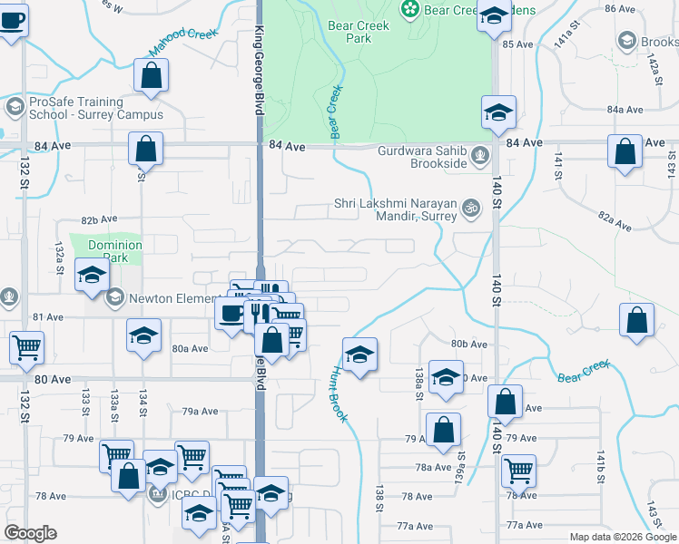 map of restaurants, bars, coffee shops, grocery stores, and more near 8168 136A Street in Surrey