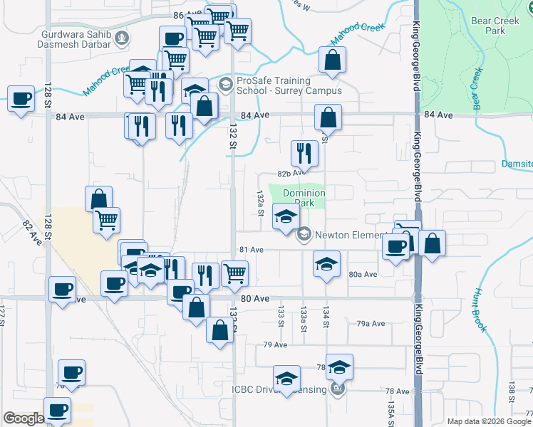 map of restaurants, bars, coffee shops, grocery stores, and more near 8168 132A Street in Surrey